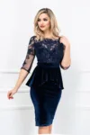 Rochie MBG bleumarin de ocazie midi conica din catifea cu bust brodat si maneca din tul