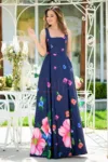 Rochie MBG de seara lunga bleumarin cu imprimeu floral