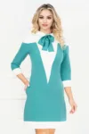 Rochie MBG office mint cu insertii albe si funda stilizata