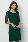 Rochie Malvina verde din dantela cu accesoriu la decolteu