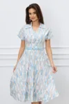 Rochie Mara bleu cu imprimeuri bej si curea in talie