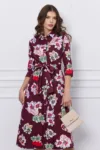 Rochie Maria tip camasa bordo cu imprimeu floral si cordon in talie