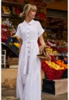 Rochie Maxi Alba din Bumbac cu Cureaua