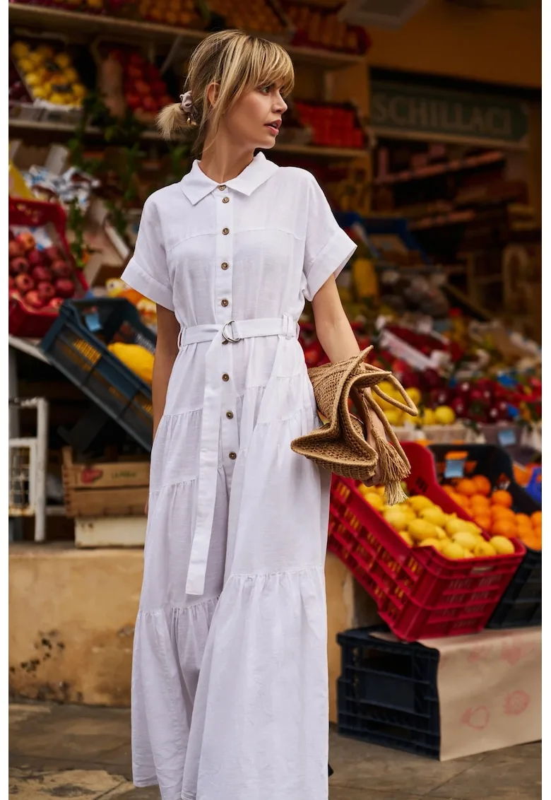 Rochie Maxi Alba din Bumbac cu Cureaua