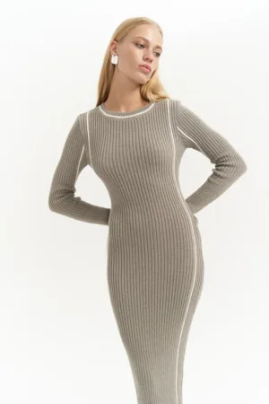 Rochie Maxi -  Detalii Dungi Aston - Gri - Tricot -