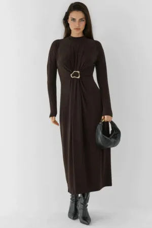 Rochie Maxi -  Elastica - Detaliu Accesoriu - Maro Castaniu - Jerseu