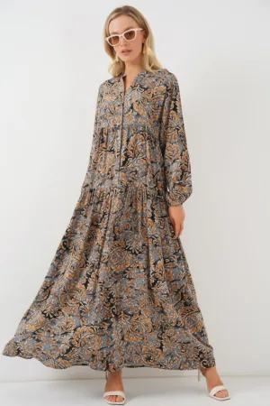 Rochie Maxi HiCCUP - Imprimata - Decolteu in V - Gri deschis - Textil