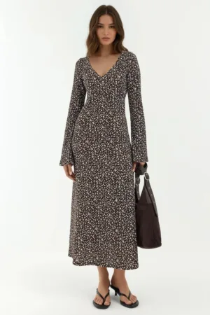 Rochie Maxi -  Mulata cu Decolteu in V - Imprimeu Floral - Maro