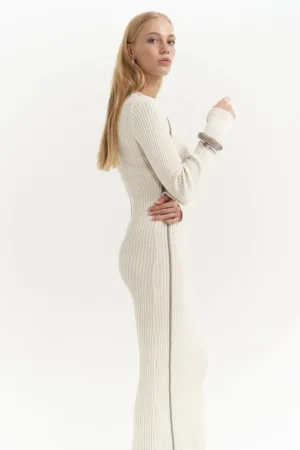 Rochie Maxi -  detalii cu dungi - bej natural - tricot -