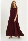 Rochie Maxi  guler patrat - detalii cu volane - rosu - textil -