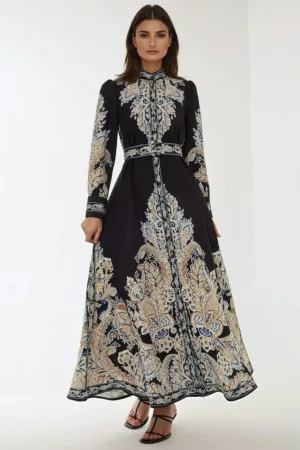 Rochie Maxi -  imprimeu in forma de A - cu curea - negru - textil