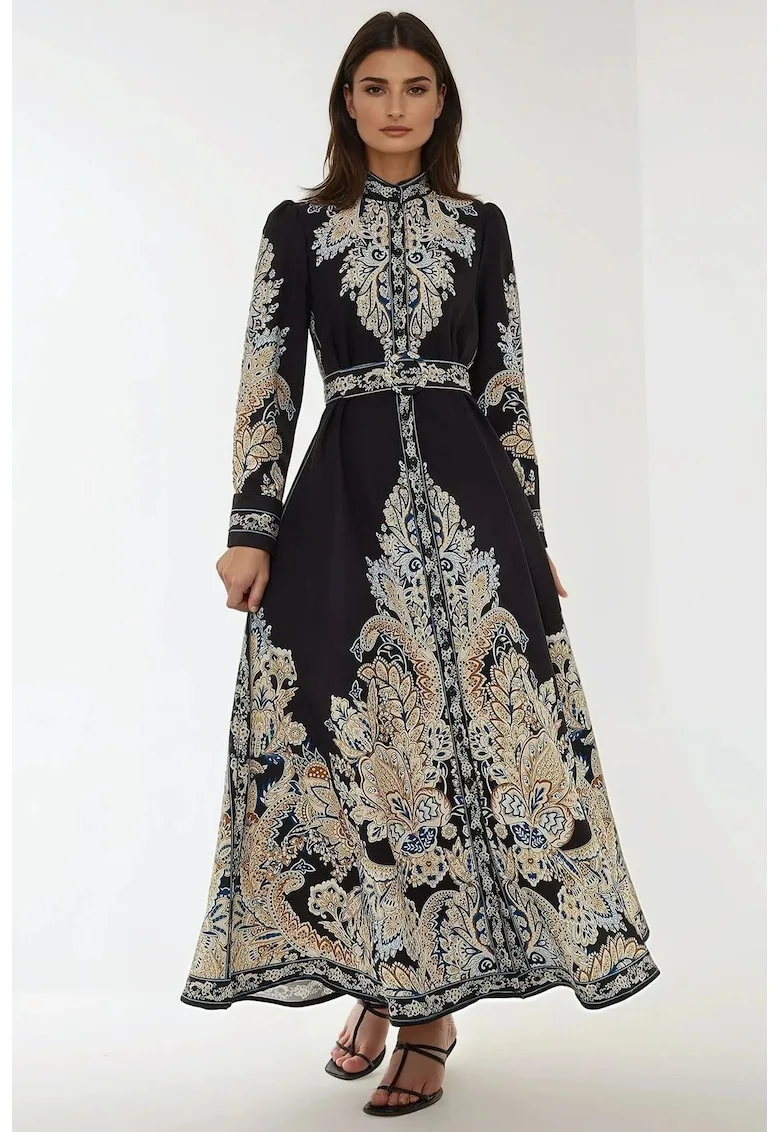 Rochie Maxi - imprimeu in forma de A - cu curea - negru - textil