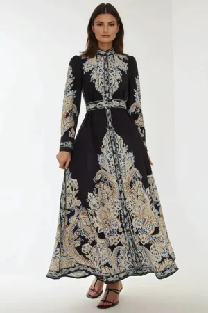 Rochie Maxi -  imprimeu textil - Negru