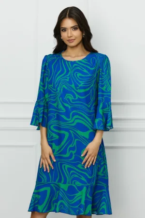Rochie Melisa albastra cu imprimeu verde