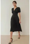 Rochie Midi -  A-Form - decolteu in V - neagra - crep