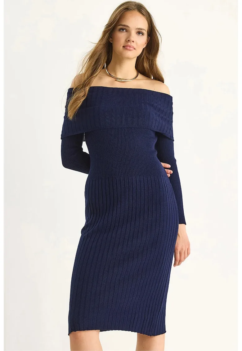 Rochie Midi - Albastru marin - Tricot - Albastru marin -