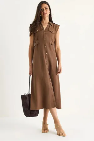 Rochie Midi -  Bianco Lucci - decolteu in V - maro - textil