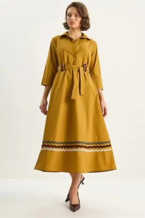 Rochie Midi -  Brodata - Galben - Textil