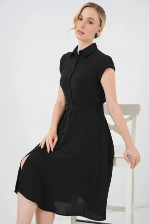 Rochie Midi HiCCUP - A-line - guler camasa - negru - textil