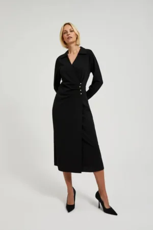 Rochie Midi Neagra cu Butoane Decorative