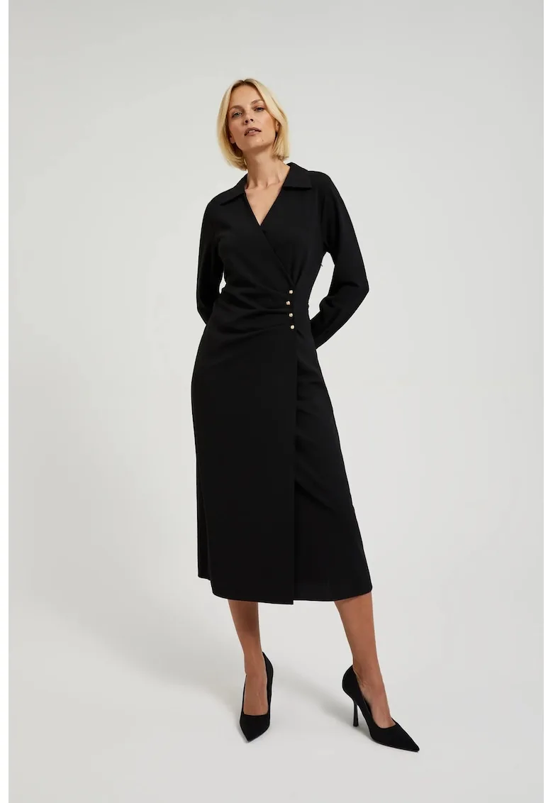 Rochie Midi Neagra cu Butoane Decorative