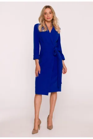 Rochie Midi - S415 Albastru Decolteu in V - Guler Sal - Maneci 7/8 - Legatura in talie - Material neted cu finisaj moale - Partial captusita - Stil infasurat