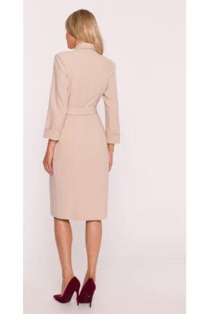 Rochie Midi S415 Beżowa Decolteu in V - Top mulat - Maneci 7/8 cu mansete - Talie cu curea