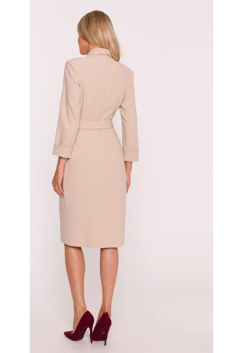 Rochie Midi S415 Beżowa Decolteu in V - Top mulat - Maneci 7/8 cu mansete - Talie cu curea