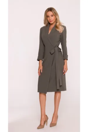 Rochie Midi - S415 Kaki Decolteu in V - Guler Sal - Maneci 7/8 - Legatura in talie - Material neted cu finisaj moale - Partial captusita - Stil infasurat