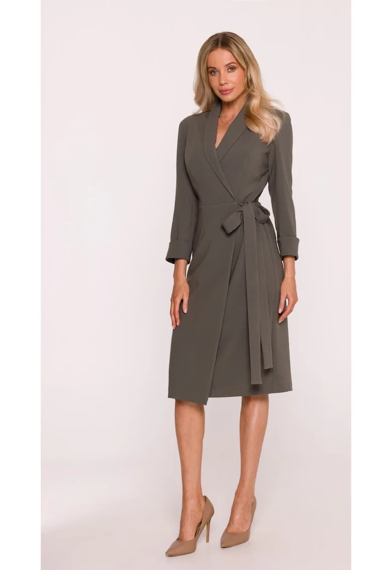 Rochie Midi - S415 Kaki Decolteu in V - Guler Sal - Maneci 7/8 - Legatura in talie - Material neted cu finisaj moale - Partial captusita - Stil infasurat