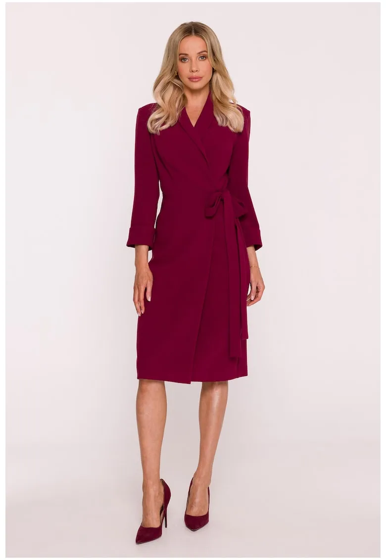 Rochie Midi - S415 bordo Decolteu in V - Guler Sal - Maneci 7/8 - Legatura in talie - Material neted cu finisaj moale - Partial captusita - Stil infasurat