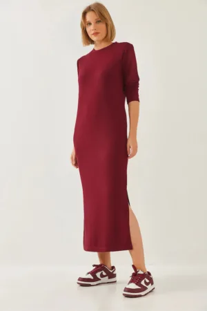 Rochie midi -  maneca lunga - guler la baza gatului - jerseu - Rosu Burgund -
