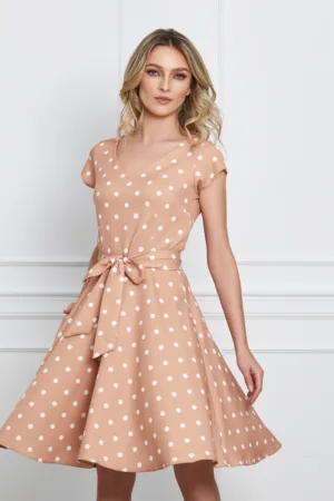 Rochie Mihaela bej cu buline si cordon in talie