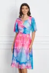 Rochie Mikaela roz cu imprimeu bleu