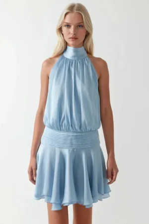 Rochie Mini -  Texturata cu Guler Inalt - Albastru Ghetar - Textil