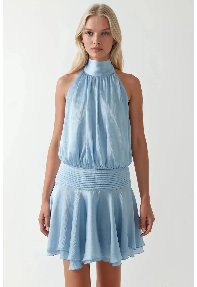 Rochie Mini - Texturata cu Guler Inalt - Albastru Ghetar - Textil