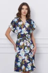 Rochie Mira bleumarin cu imprimeuri florale si cordon in talie
