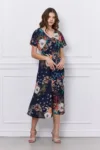 Rochie Mona bleumarin cu imprimeuri florale caramizii