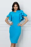 Rochie Moze bleu cu volanase si trandafir la bust