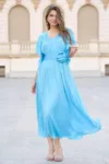 Rochie Moze bleu din satin cu floare in talie