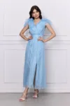 Rochie Moze bleu lunga din organza cu volanase la umeri