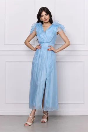 Rochie Moze bleu lunga din organza cu volanase la umeri