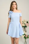 Rochie Moze eleganta din stofa bleu cu floare pe bust si umar gol