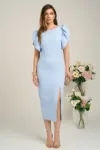 Rochie midi eleganta din stofa bleu cu maneci bufante