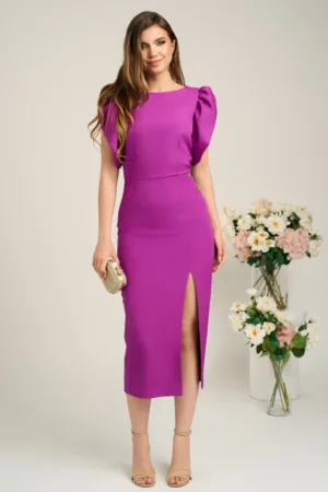 Rochie Moze eleganta din stofa magenta cu maneci bufante