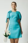 Rochie Moze eleganta din stofa turcoaz cu incretitura pe umar