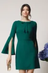 Rochie Moze eleganta din stofa verde cu funda la bust