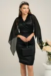 Rochie Moze eleganta din tafta neagra cu maneci din voal cu lurex