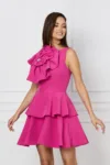 Rochie Moze fucsia cu floare maxi pe bust si volane pe fusta