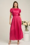 Rochie Moze lunga eleganta din voal fucsia cu volanase la maneci